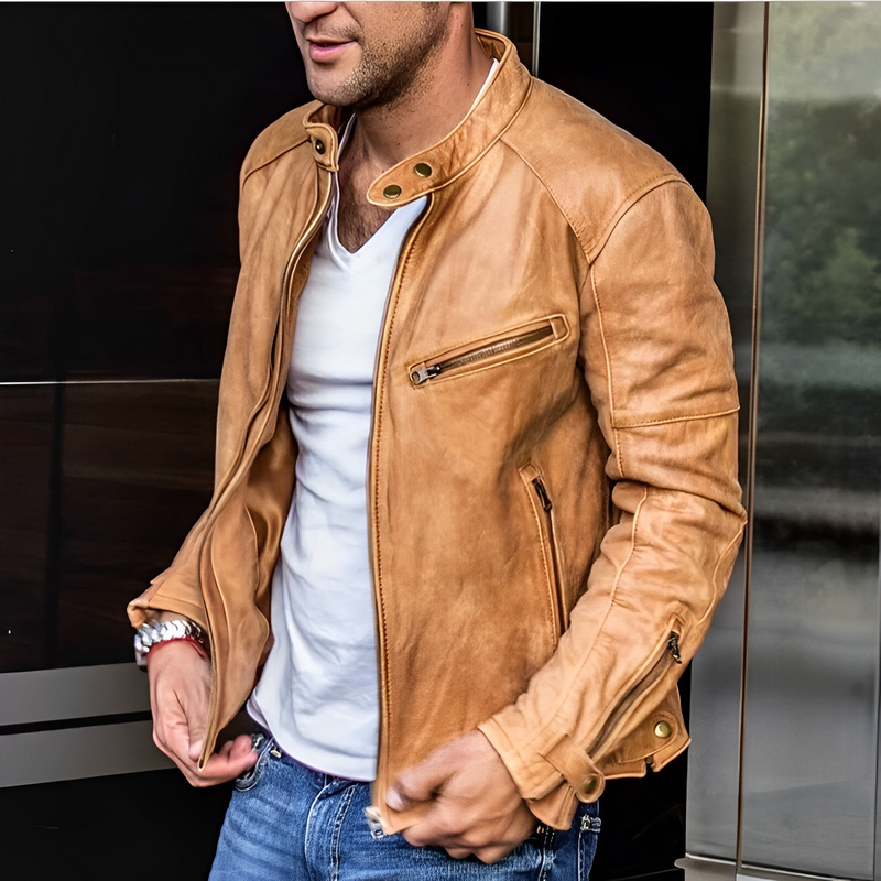 Men's Premium Leather Jacket with Stand Collar & Functional Zip Pockets - Stylish, Durable Outerwear for All Seasons