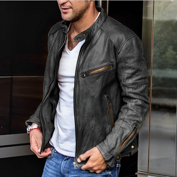 Men's Premium Leather Jacket with Stand Collar & Functional Zip Pockets - Stylish, Durable Outerwear for All Seasons