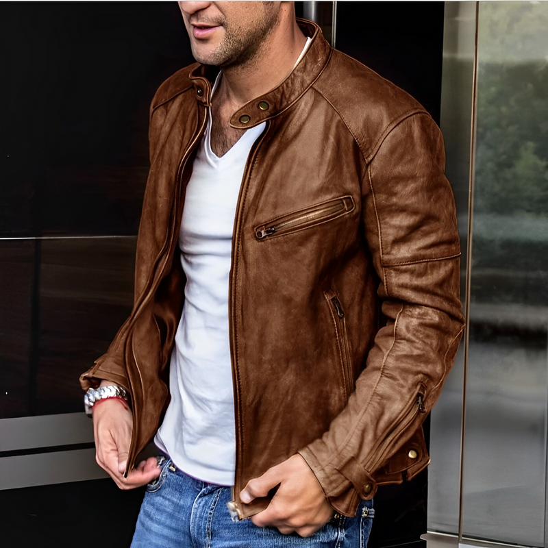 Men's Premium Leather Jacket with Stand Collar & Functional Zip Pockets - Stylish, Durable Outerwear for All Seasons