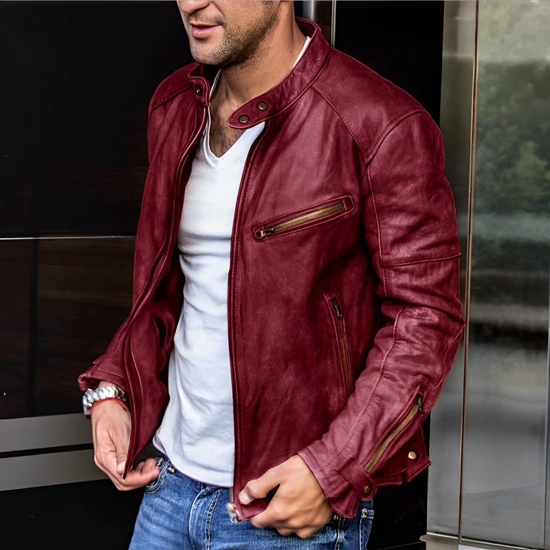 Men's Premium Leather Jacket with Stand Collar & Functional Zip Pockets - Stylish, Durable Outerwear for All Seasons