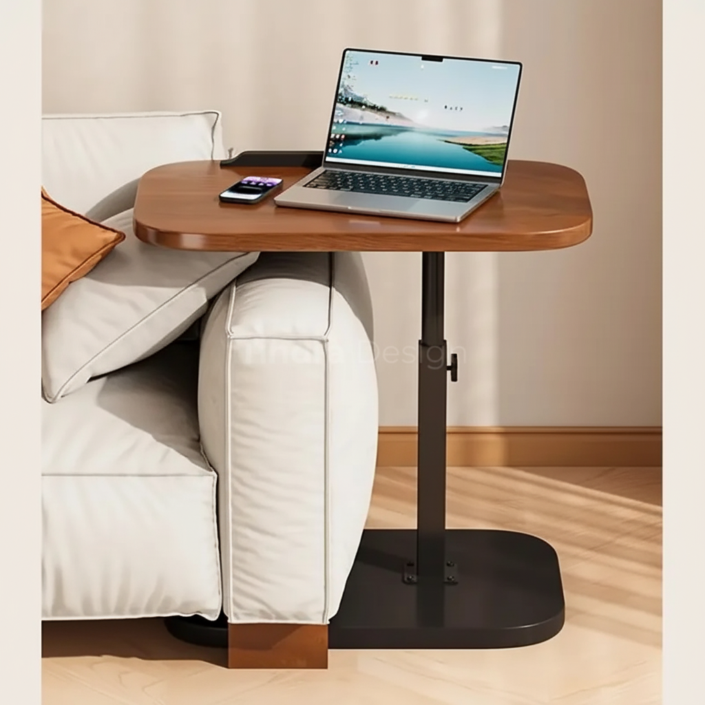 Side Table Adjustable C Shaped Walnut Laptop Sofa Table