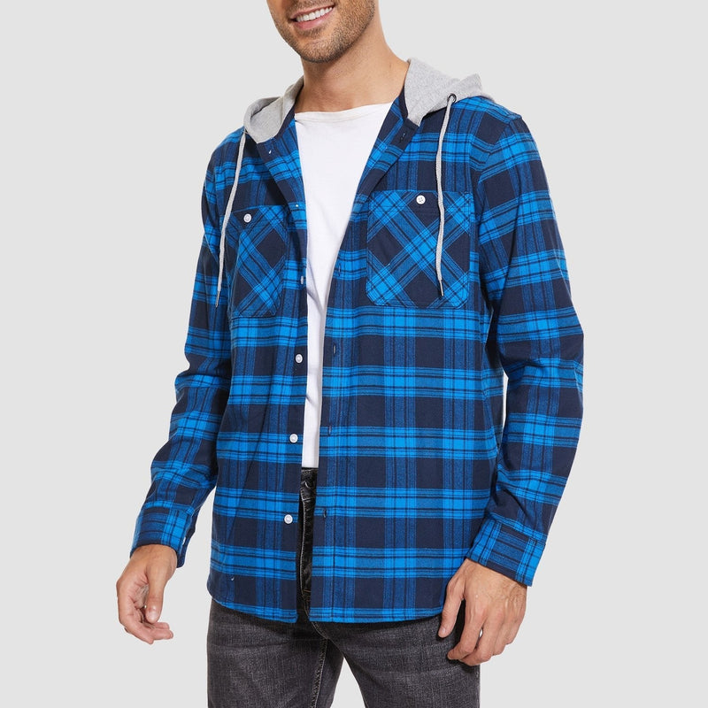 Men's Stylish Hooded Flannel Shirt Jacket - Long Sleeve Cotton Plaid Outerwear for Comfort & Versatility