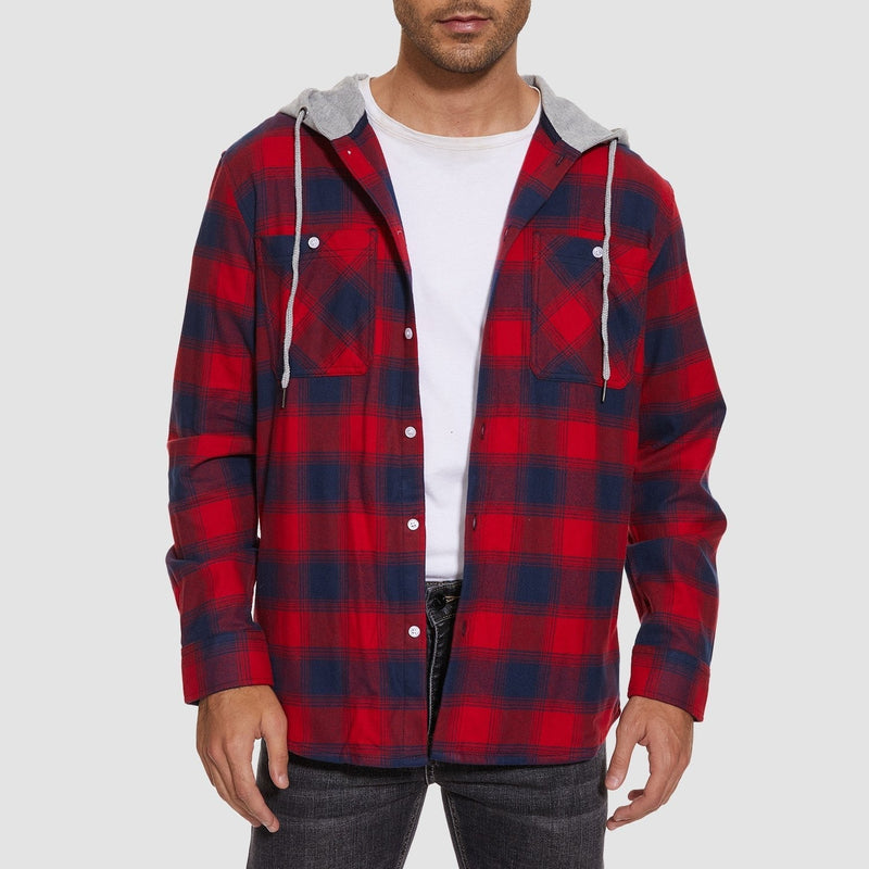 Men's Stylish Hooded Flannel Shirt Jacket - Long Sleeve Cotton Plaid Outerwear for Comfort & Versatility