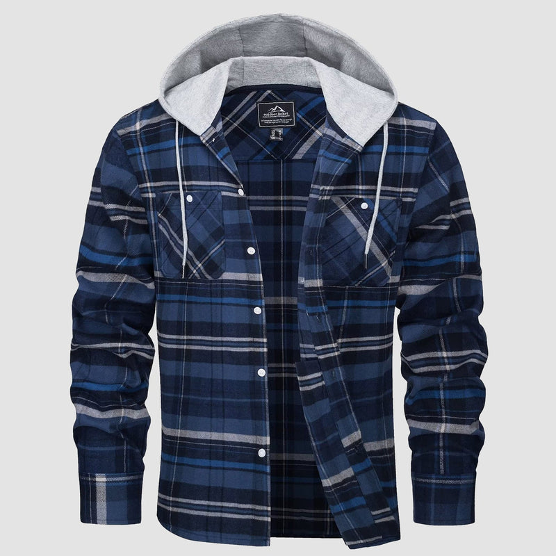 Men's Stylish Hooded Flannel Shirt Jacket - Long Sleeve Cotton Plaid Outerwear for Comfort & Versatility