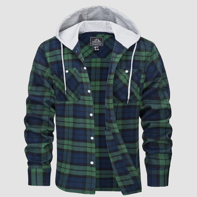 Men's Stylish Hooded Flannel Shirt Jacket - Long Sleeve Cotton Plaid Outerwear for Comfort & Versatility