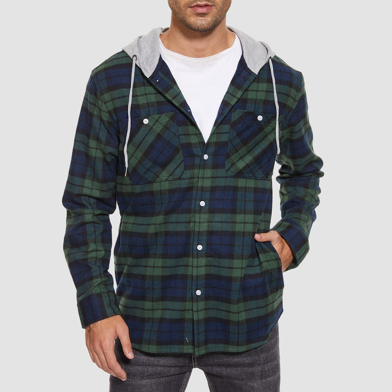 Men's Stylish Hooded Flannel Shirt Jacket - Long Sleeve Cotton Plaid Outerwear for Comfort & Versatility