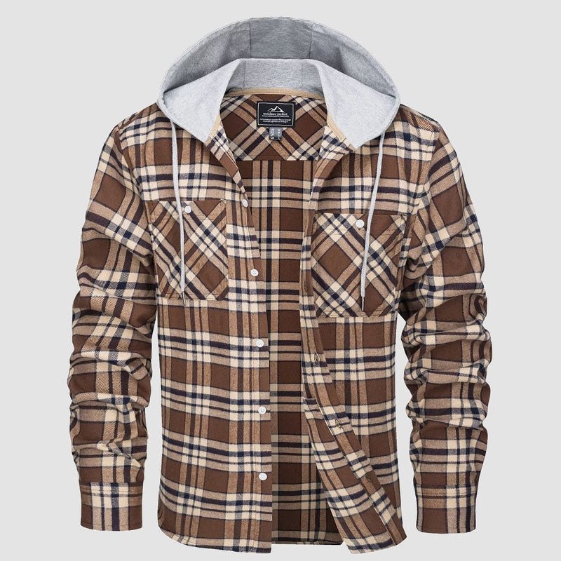 Men's Stylish Hooded Flannel Shirt Jacket - Long Sleeve Cotton Plaid Outerwear for Comfort & Versatility