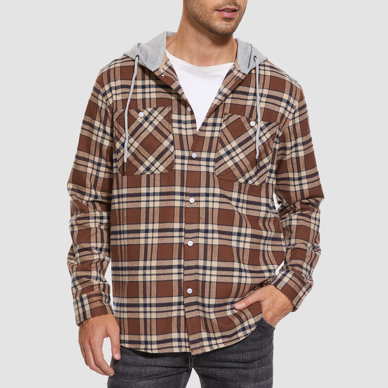 Men's Stylish Hooded Flannel Shirt Jacket - Long Sleeve Cotton Plaid Outerwear for Comfort & Versatility