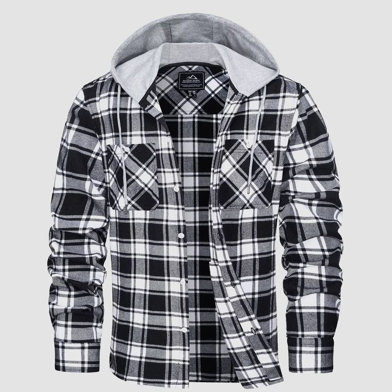 Men's Stylish Hooded Flannel Shirt Jacket - Long Sleeve Cotton Plaid Outerwear for Comfort & Versatility