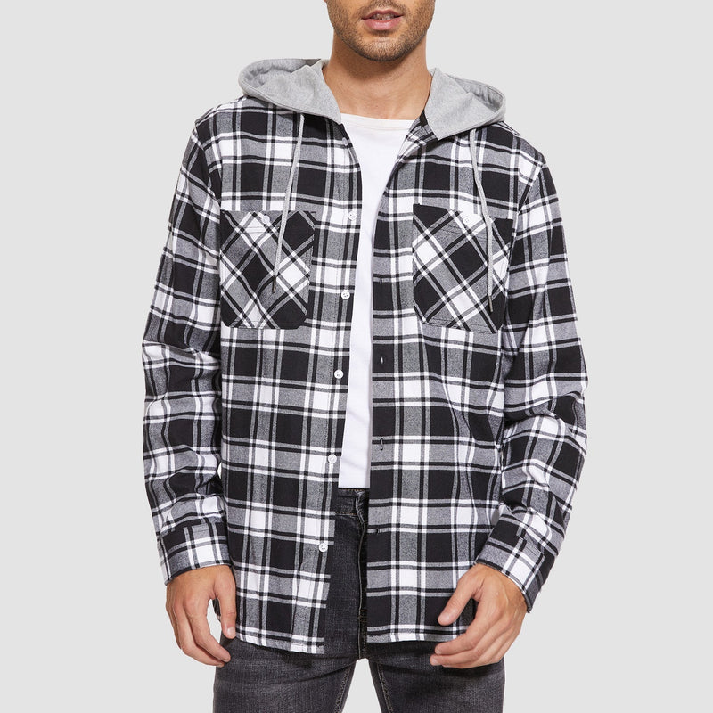Men's Stylish Hooded Flannel Shirt Jacket - Long Sleeve Cotton Plaid Outerwear for Comfort & Versatility