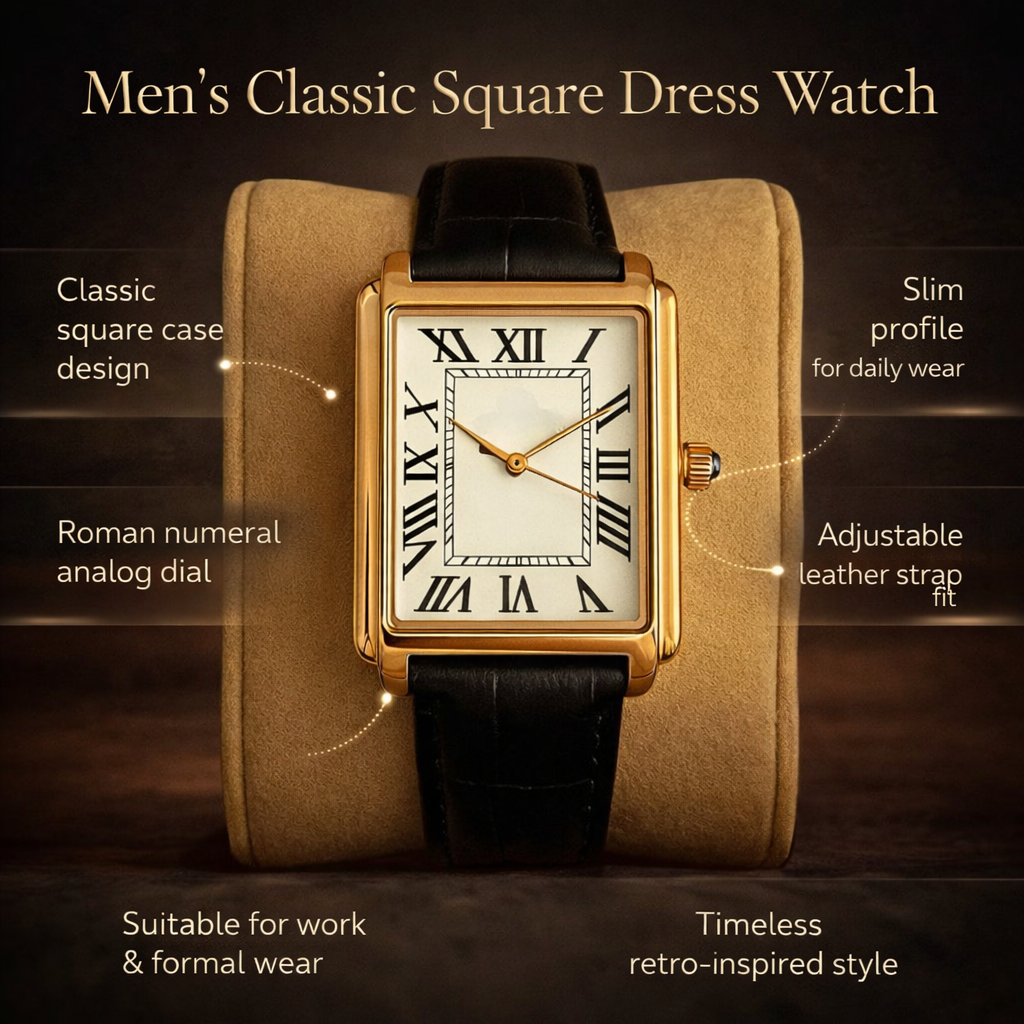 Men's Classic Dress Watch Square Analog Retro Style