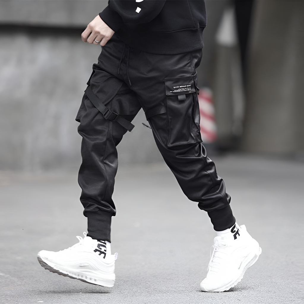 Mens Cargo Pants Black Adjustable Straps Durable Urban Trousers
