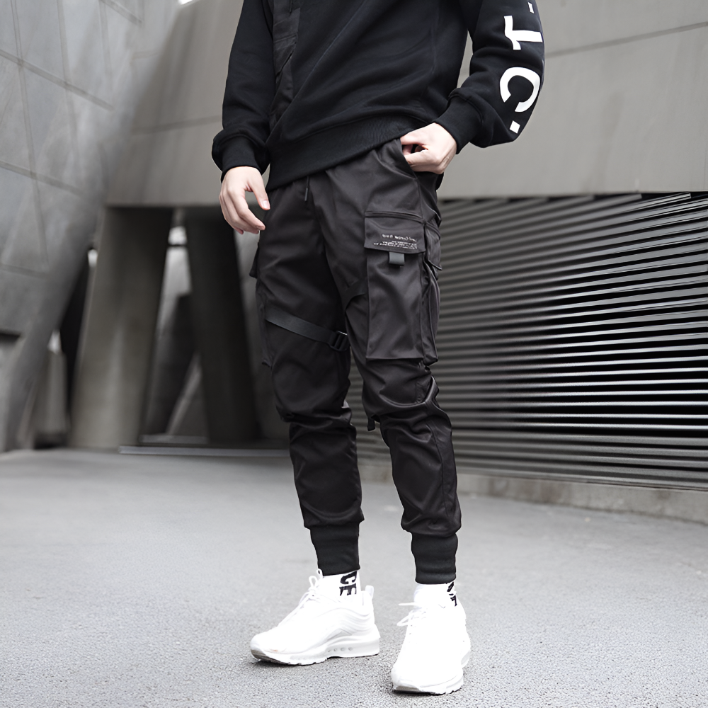 Mens Cargo Pants Black Adjustable Straps Durable Urban Trousers