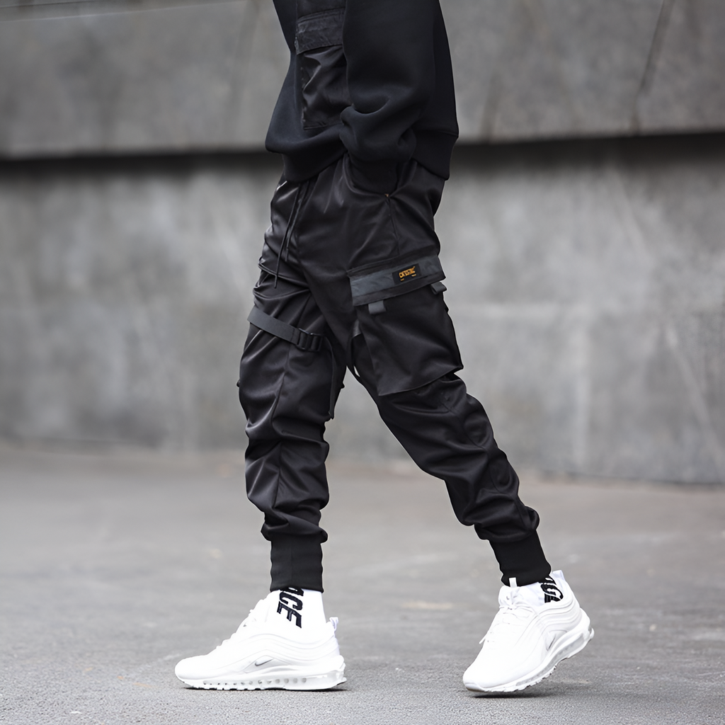 Mens Cargo Pants Black Adjustable Straps Durable Urban Trousers