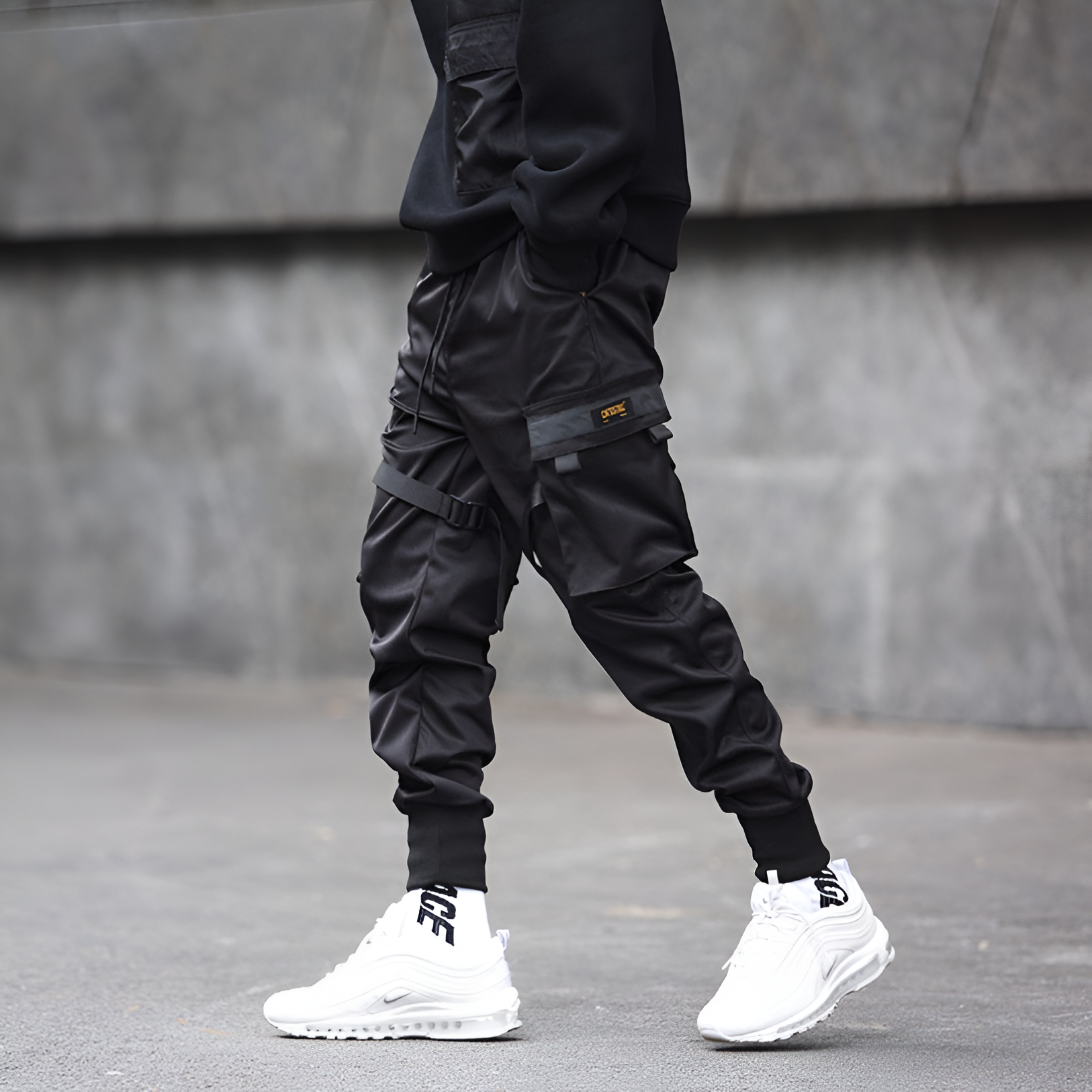 Mens Cargo Pants Black Adjustable Straps Durable Urban Trousers