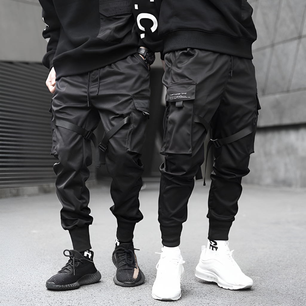Mens Cargo Pants Black Adjustable Straps Durable Urban Trousers