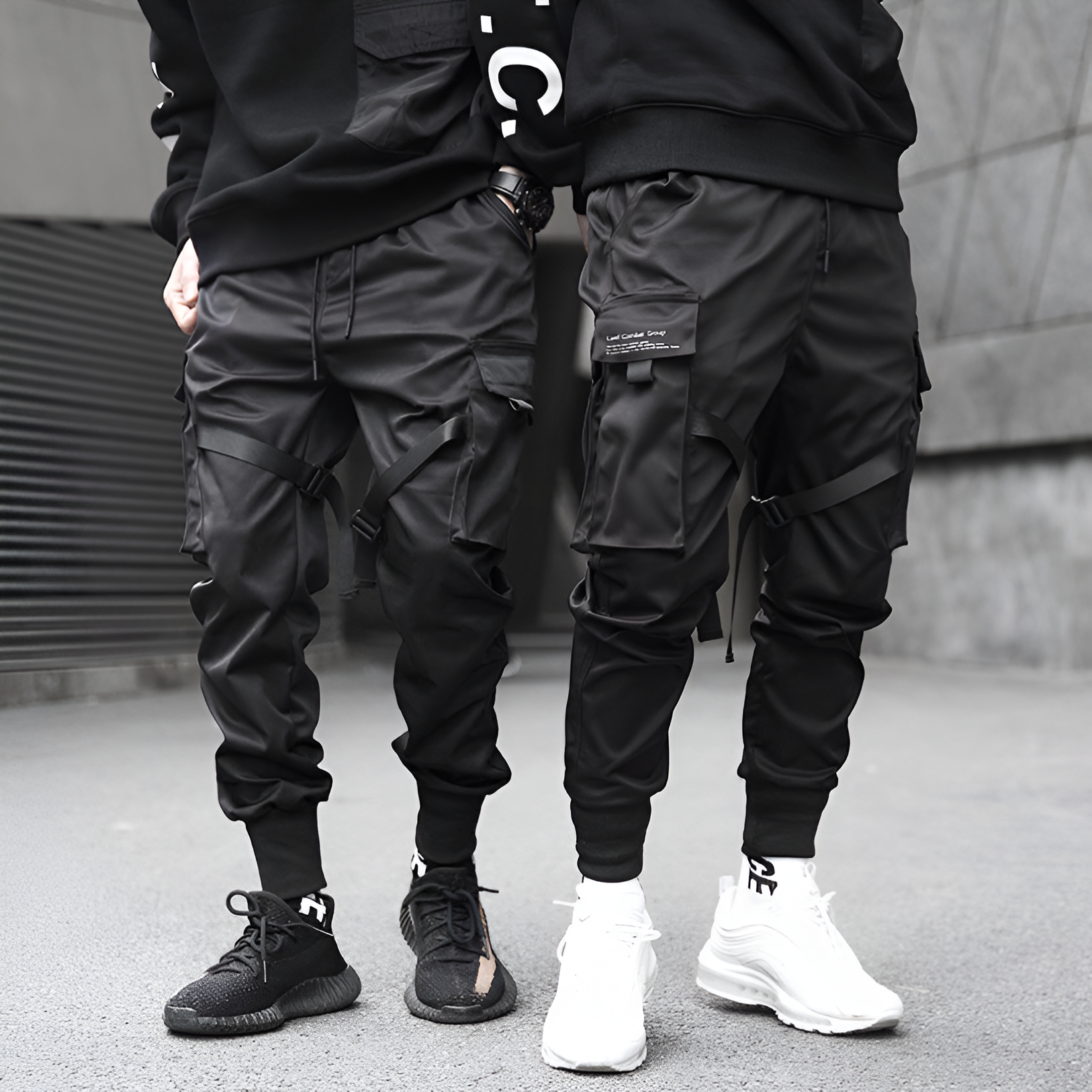 Mens Cargo Pants Black Adjustable Straps Durable Urban Trousers