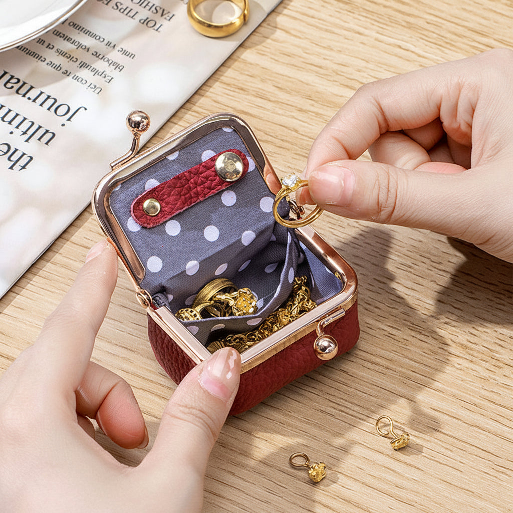Mini Jewelry Box Genuine Leather Organizer Gold Clasp Travel