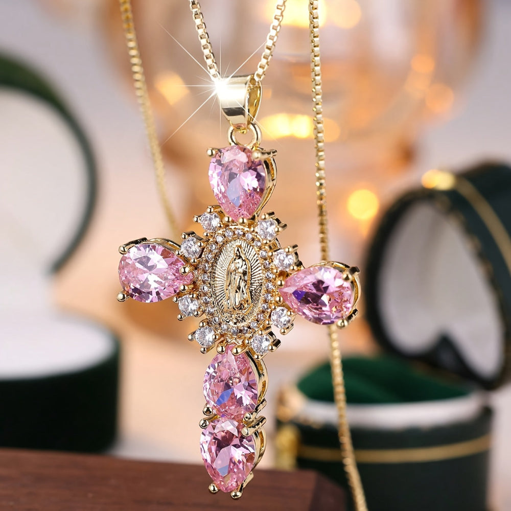 Necklace Cross Pendant Mothers Day Gold Zircon Crystal Jewelry