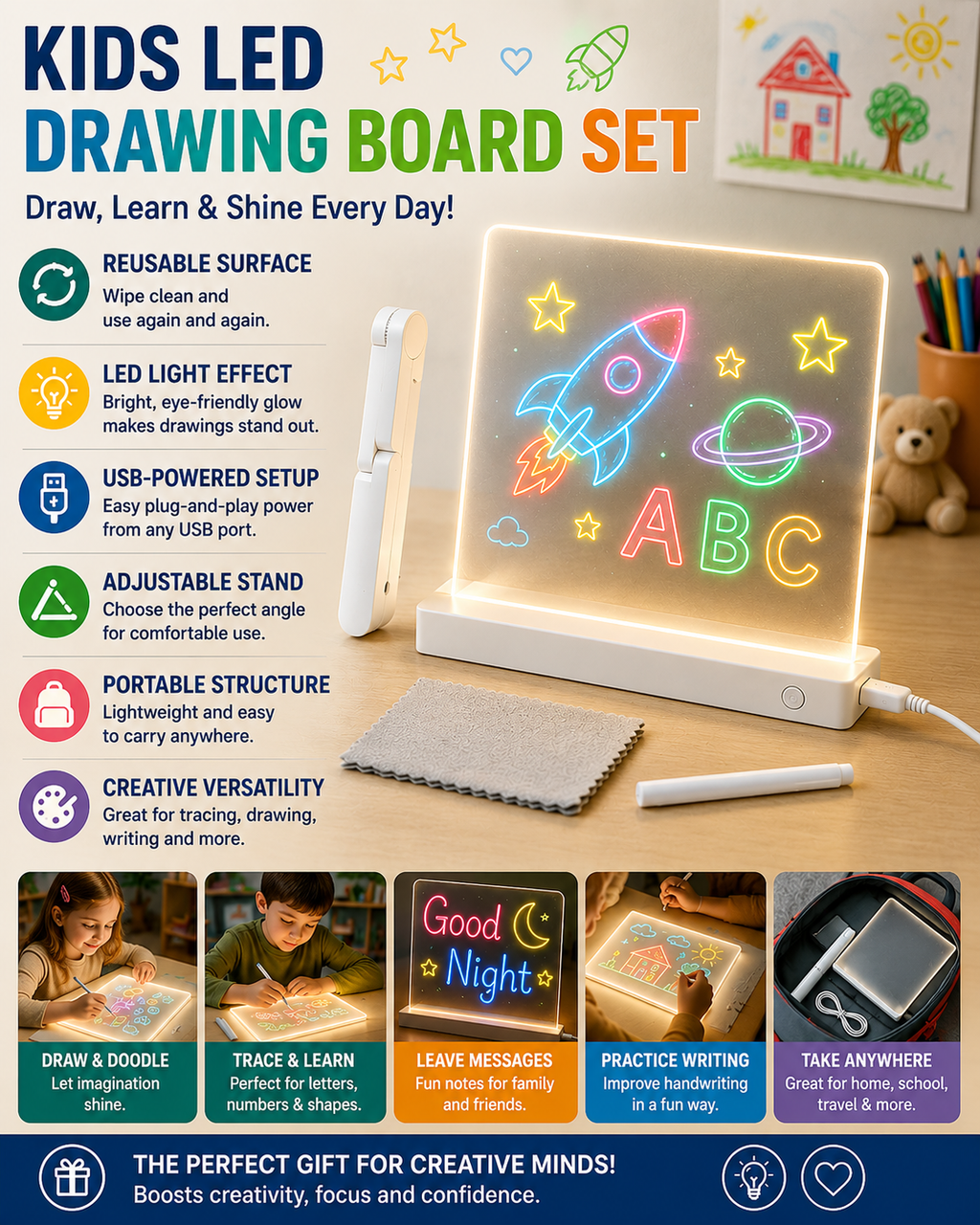 Wall Art LED Drawing Board Kids Reusable Light Up Writing Tablet