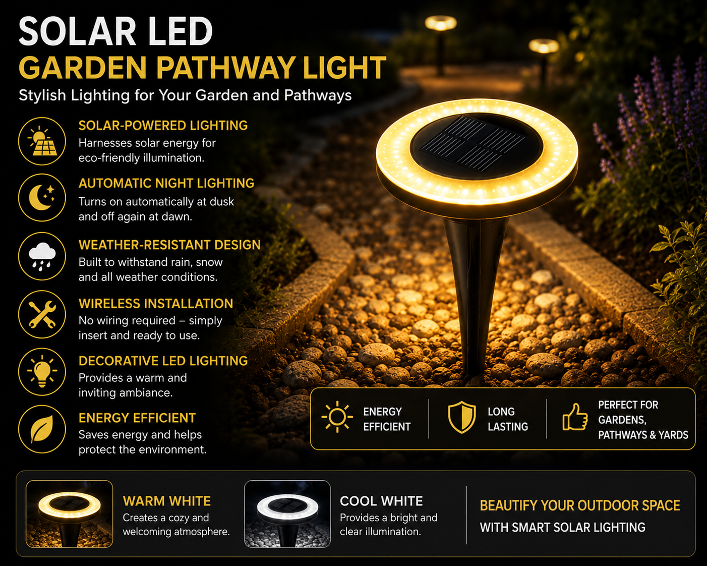 Solar Lights Outdoor Waterproof LED Garden Pathway Light