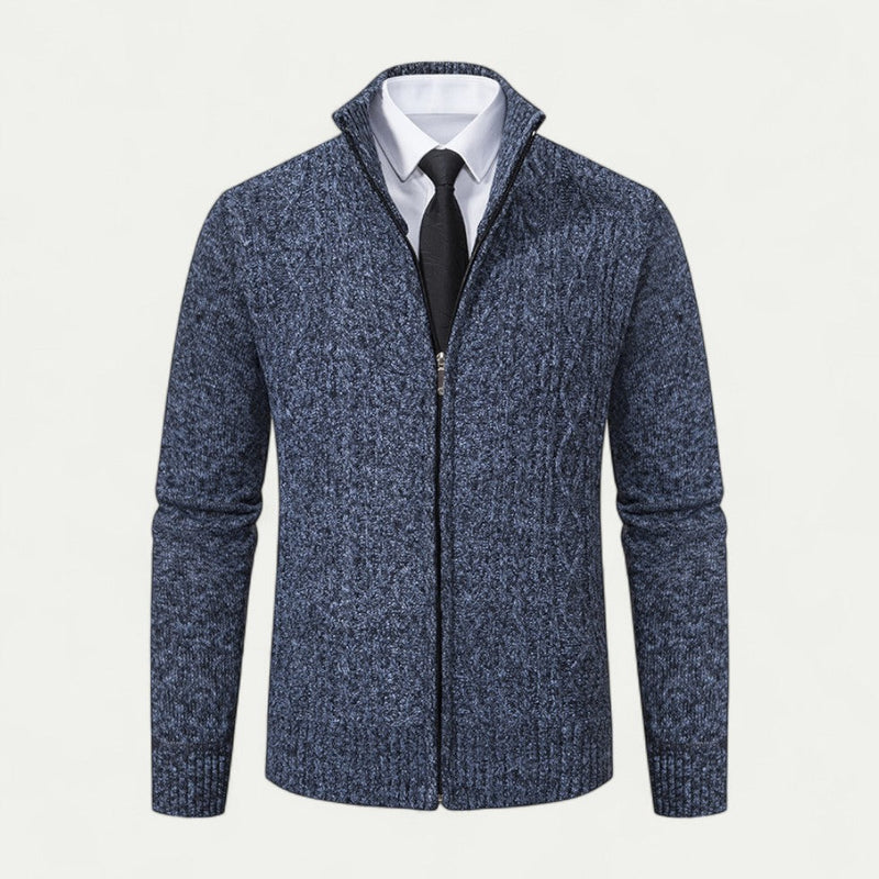 Men's High Collar Cable-Knit Zip-Up Cardigan - Stylish & Cozy Knitwear with Ribbed Hem for Ultimate Comfort