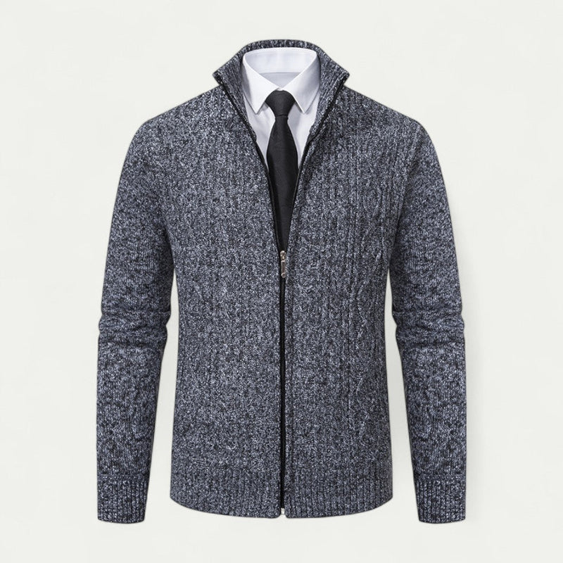 Men's High Collar Cable-Knit Zip-Up Cardigan - Stylish & Cozy Knitwear with Ribbed Hem for Ultimate Comfort