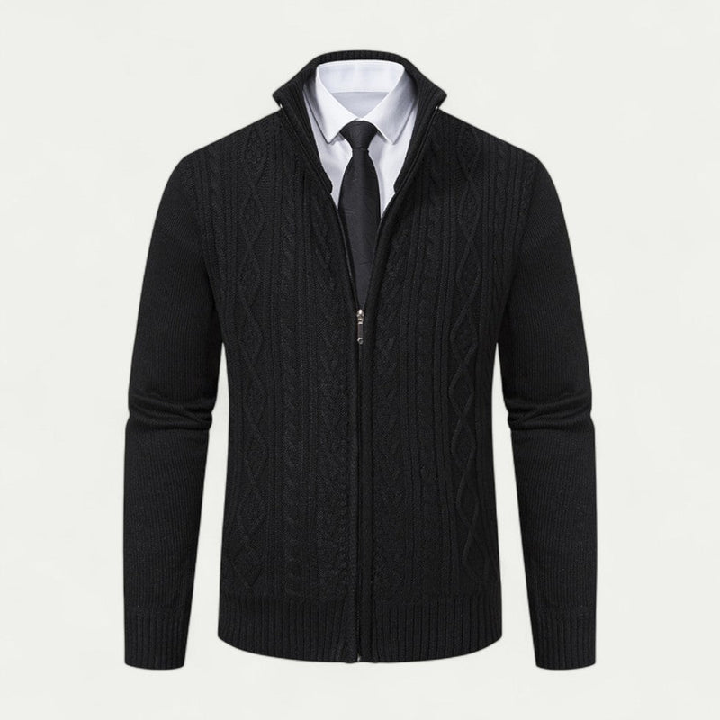 Men's High Collar Cable-Knit Zip-Up Cardigan - Stylish & Cozy Knitwear with Ribbed Hem for Ultimate Comfort