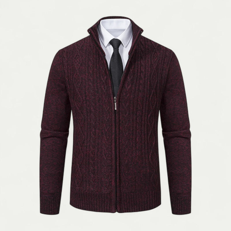 Men's High Collar Cable-Knit Zip-Up Cardigan - Stylish & Cozy Knitwear with Ribbed Hem for Ultimate Comfort