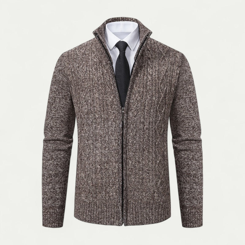 Men's High Collar Cable-Knit Zip-Up Cardigan - Stylish & Cozy Knitwear with Ribbed Hem for Ultimate Comfort