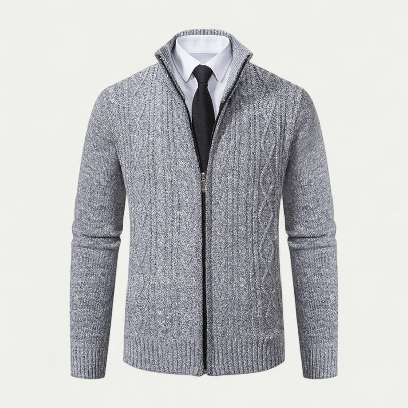 Men's High Collar Cable-Knit Zip-Up Cardigan - Stylish & Cozy Knitwear with Ribbed Hem for Ultimate Comfort