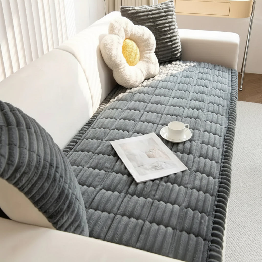 Plush Couch Cover Pleated Edges Sofa Protection Comfort