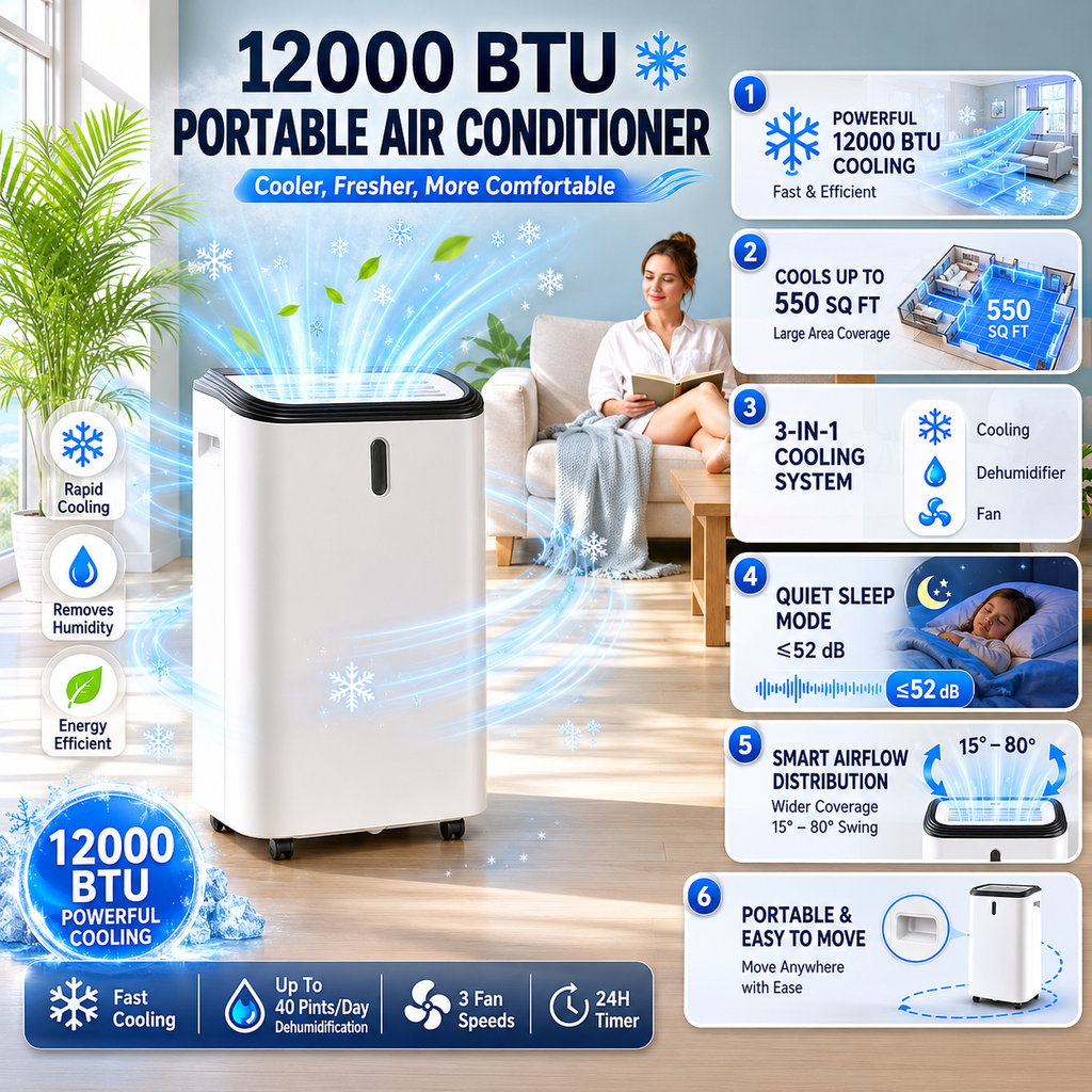 Portable Air Conditioner 12000 BTU Cooling Dehumidifier