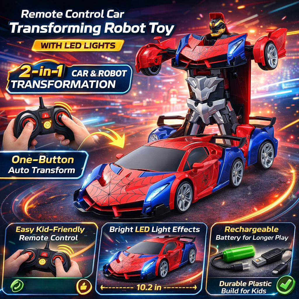 Remote Control Car Transforming Robot Toy LED Light Kids Playset