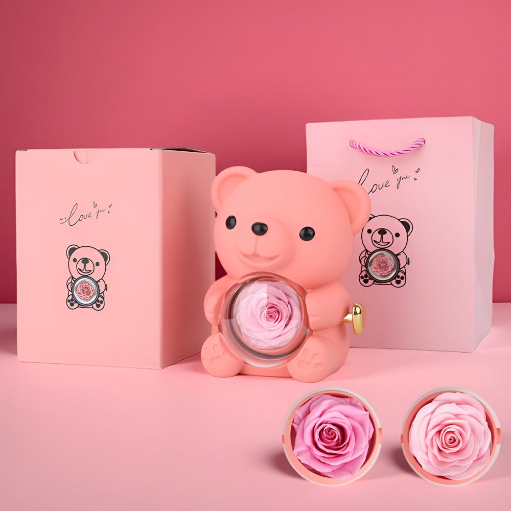 Gift Box Teddy Bear Preserved Rose Jewelry Display