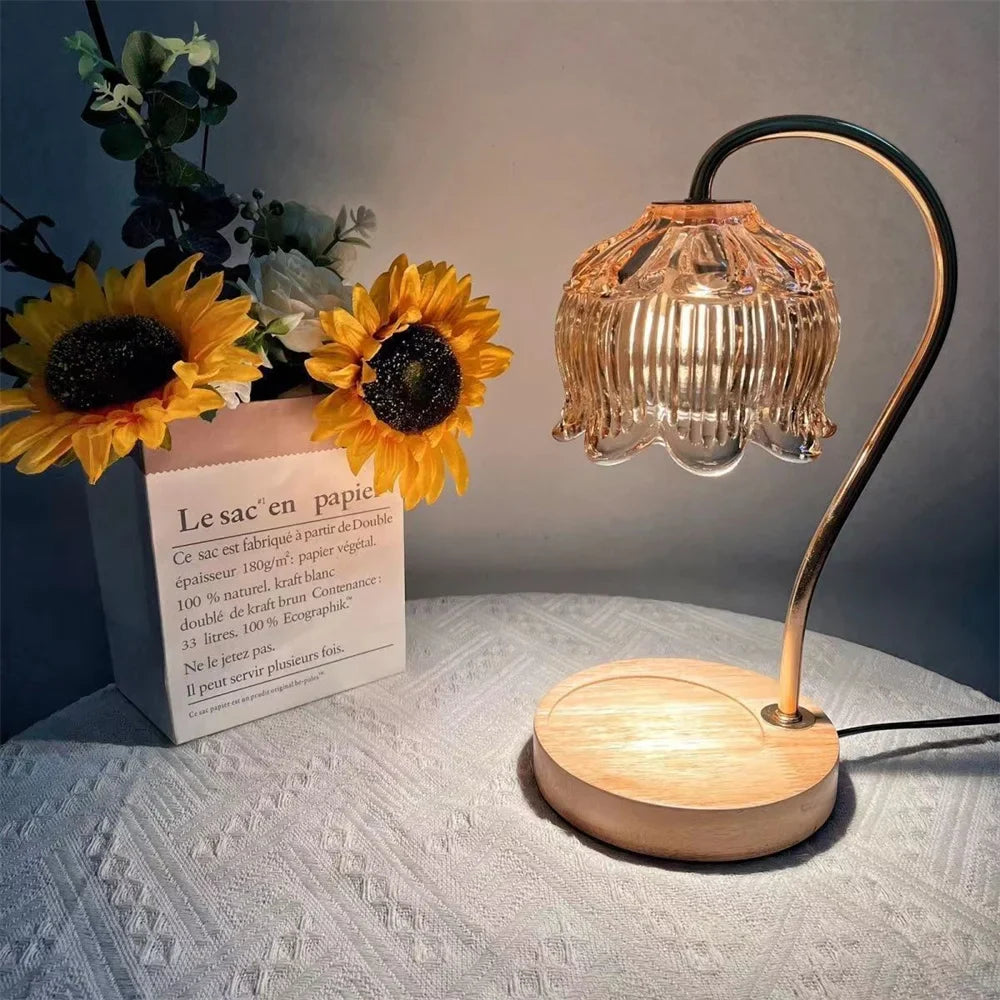 Candle Warmer Lamp | Retro Glass Shade & Solid Wood Base