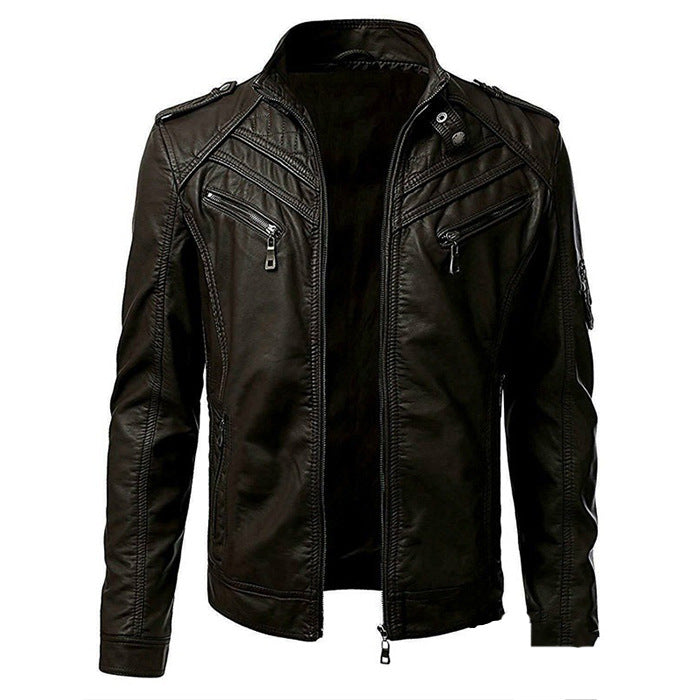 Men's Slim Fit Leather Jacket with Zip Pockets & Stand Collar - Stylish, Durable Outerwear for Every Occasion