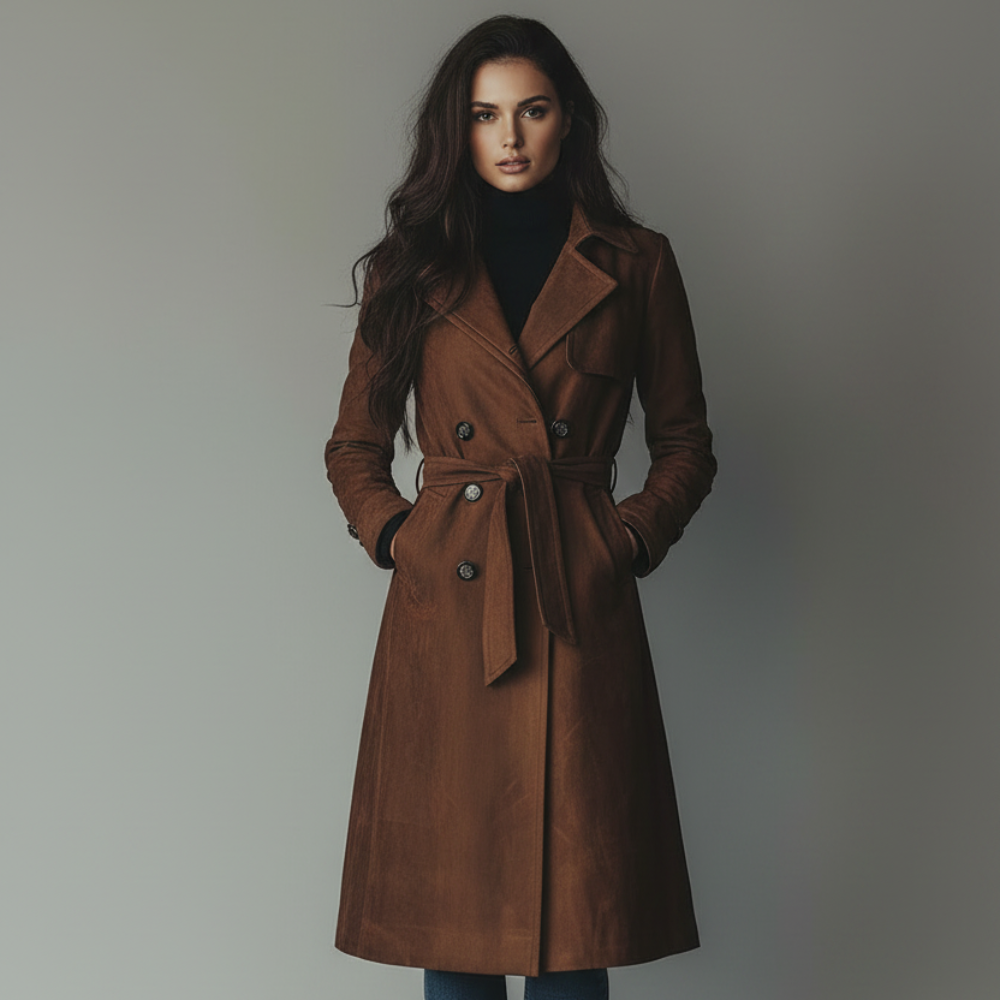 Women Trench Coat Suede Long Button Front Fall Outerwear