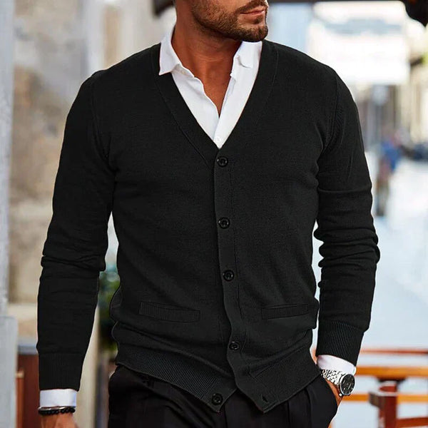 Men's Slim-Fit V-Neck Cardigan - Stylish Button Front Knitwear with Pockets