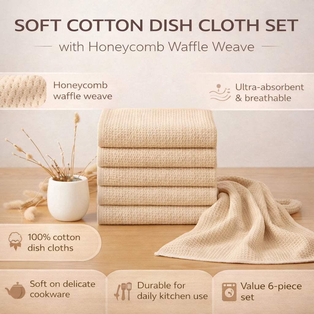 Soft Cotton Dish Cloths Set Absorbent Honeycomb Waffle Weave