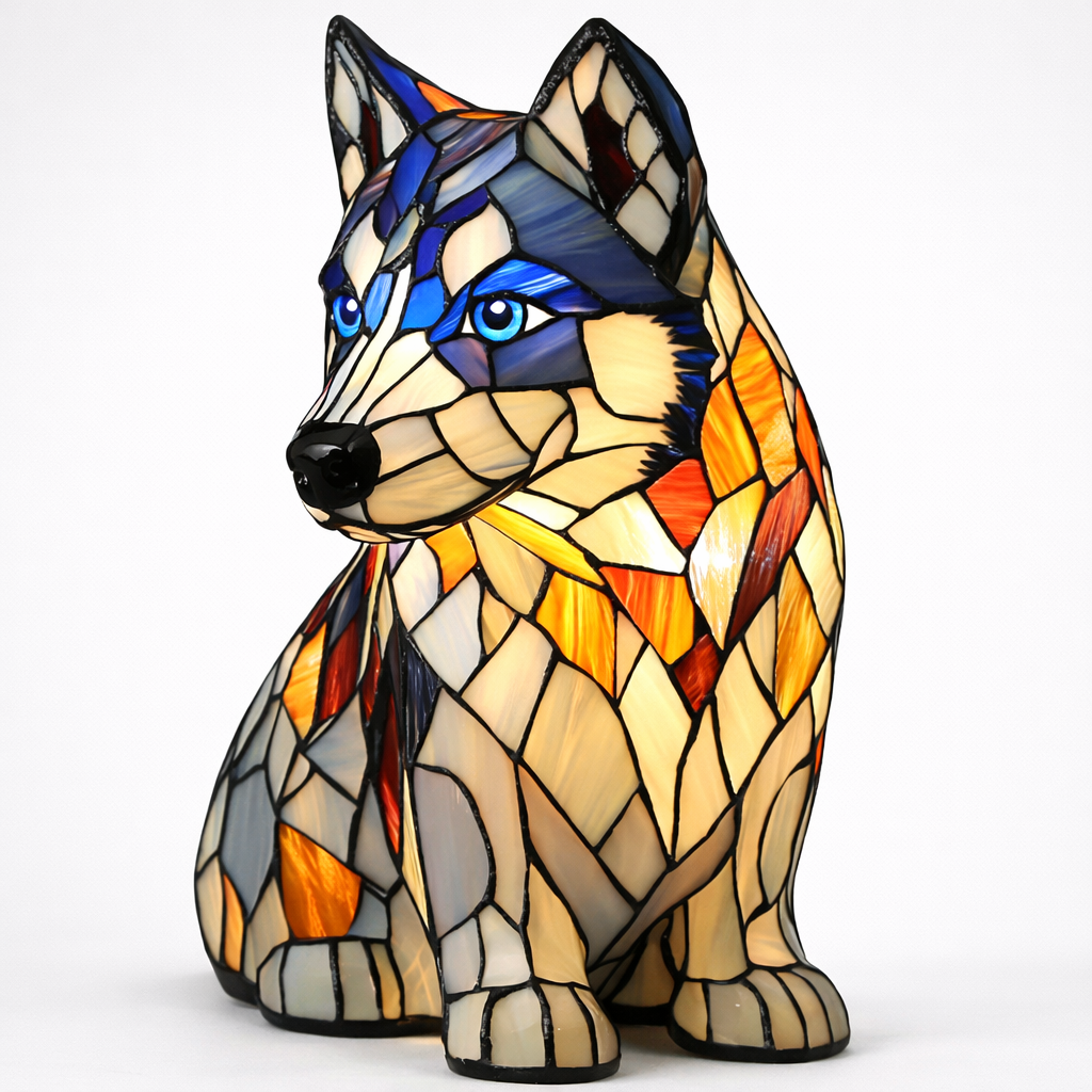 Stained Glass Dog Lamp LED Table Night Light Bedroom Desk