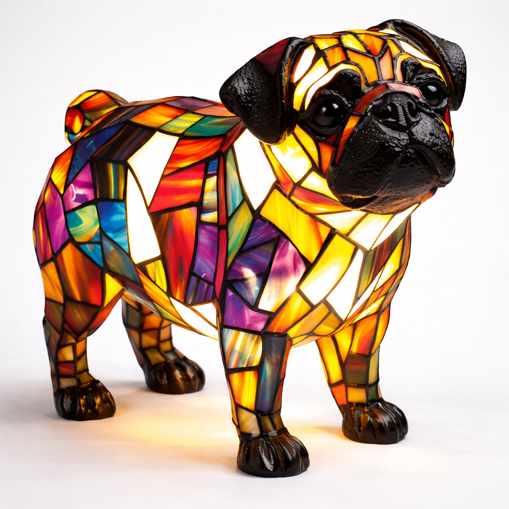 Stained Glass Dog Lamp LED Table Night Light Bedroom Desk