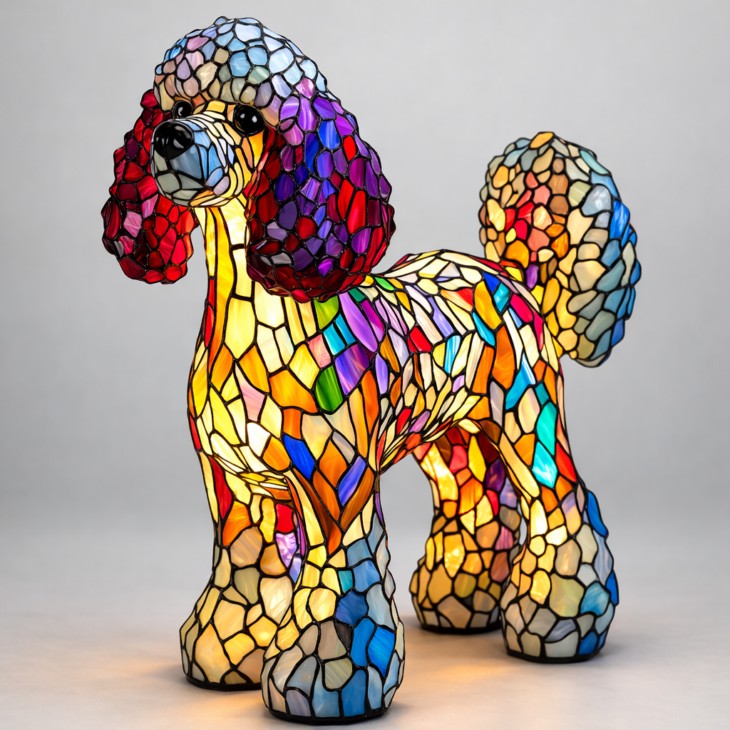Stained Glass Dog Lamp LED Table Night Light Bedroom Desk