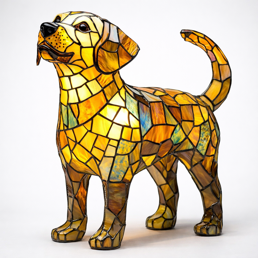 Stained Glass Dog Lamp LED Table Night Light Bedroom Desk