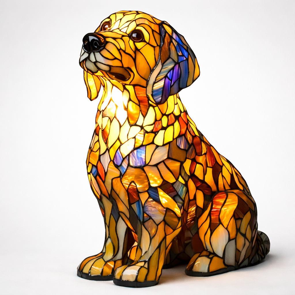 Stained Glass Dog Lamp LED Table Night Light Bedroom Desk