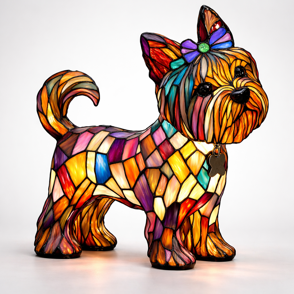 Stained Glass Dog Lamp LED Table Night Light Bedroom Desk