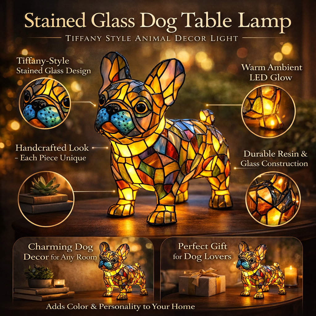 Table Lamp Stained Glass Dog Animal Light Bedroom Desk