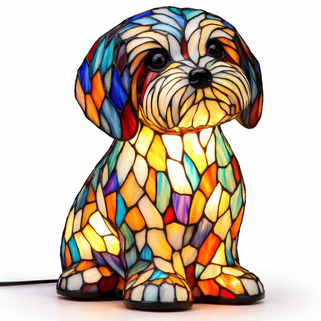 Table Lamp Stained Glass Dog Animal Light Bedroom Desk