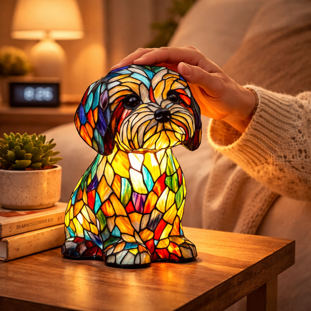 LED Table Lamp Dog Figurine Stained Glass Night Light Bedroom