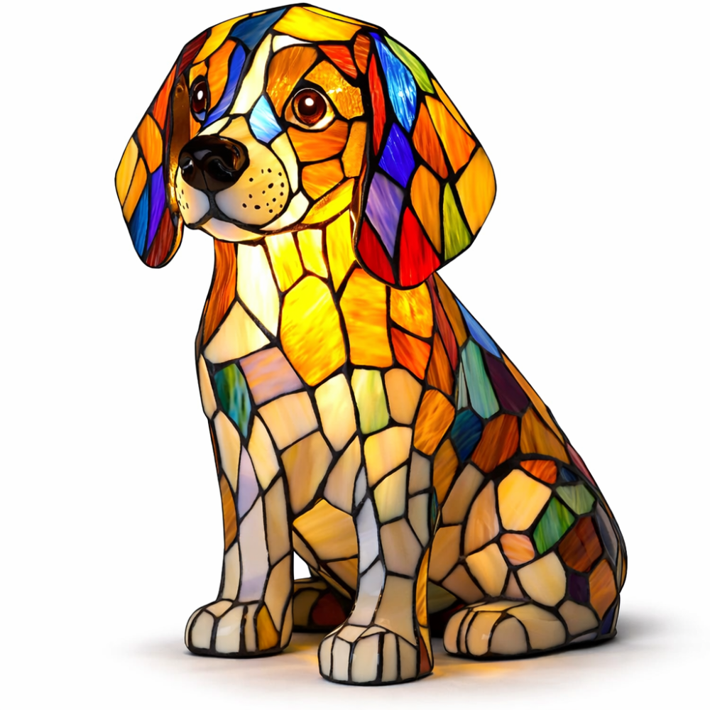 Table Lamp Stained Glass Dog Animal Light Bedroom Desk